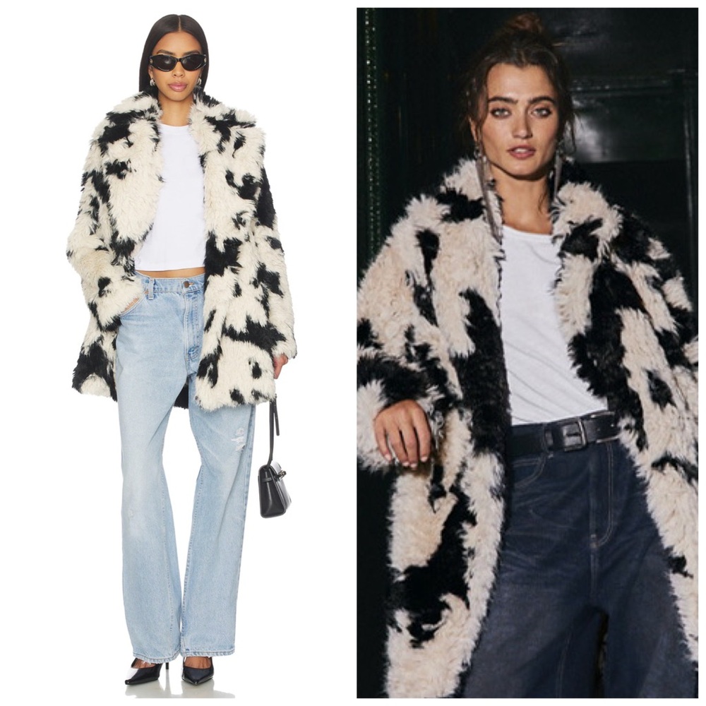 Free People Jade‎ Spotted Faux Fur Coat Small Cream Black Shaggy